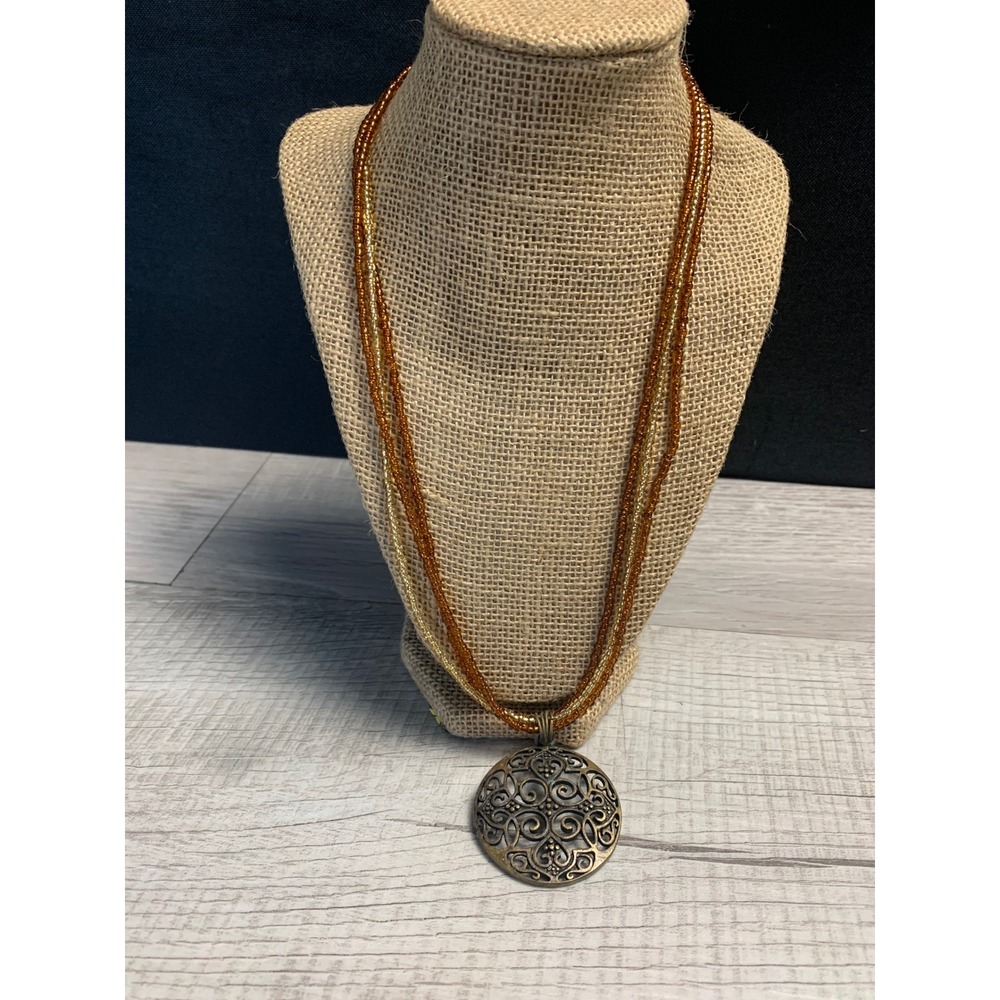 Icing Amber Gold Seed Bead Multi Strand Necklace Bronze Filigree Pendant 20"